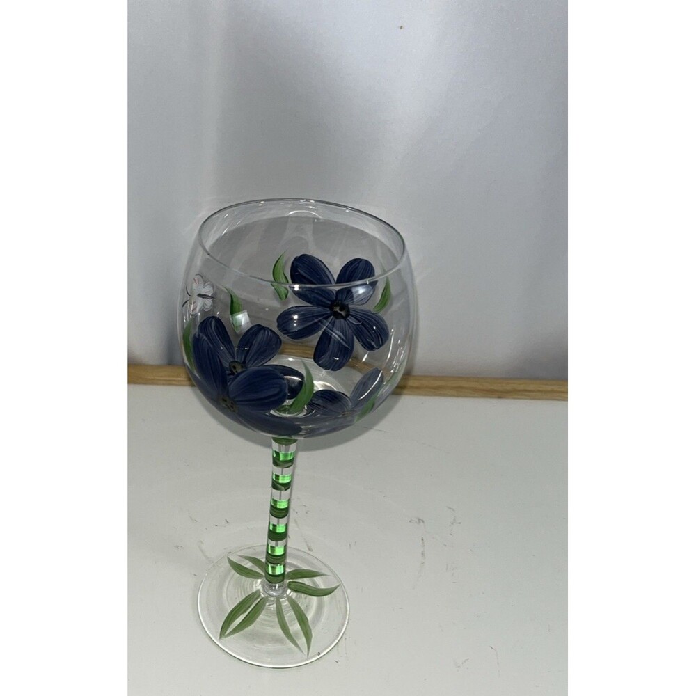 Country Garden Blue Flower Hand Painted Wine Glass Globet 9” Tall